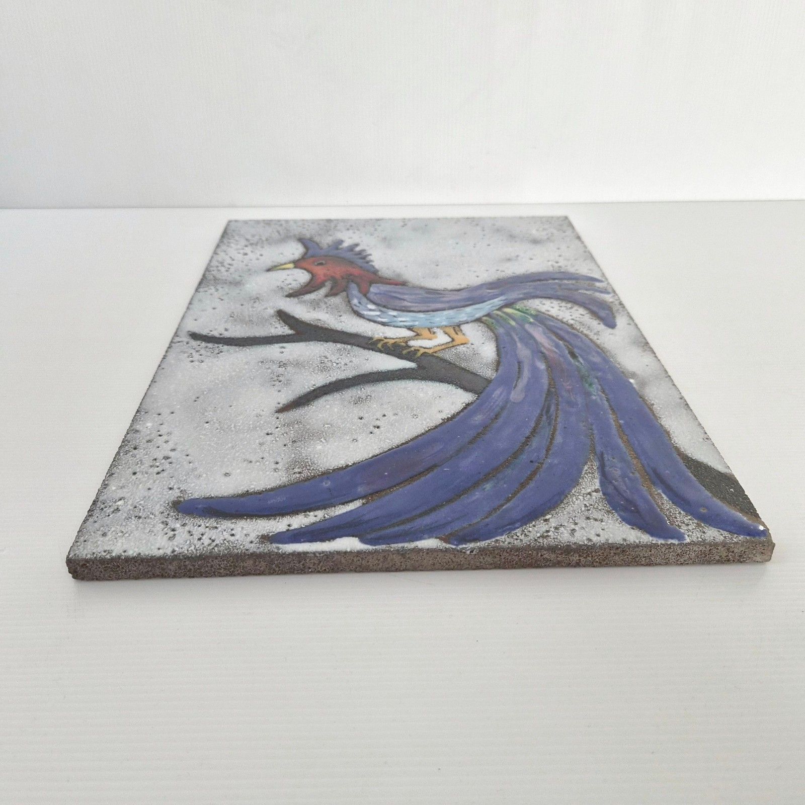 Vintage Large Panel Lava Stone Rooster Peacock 1960 Frères Cloutier Robert & Jean photo Art