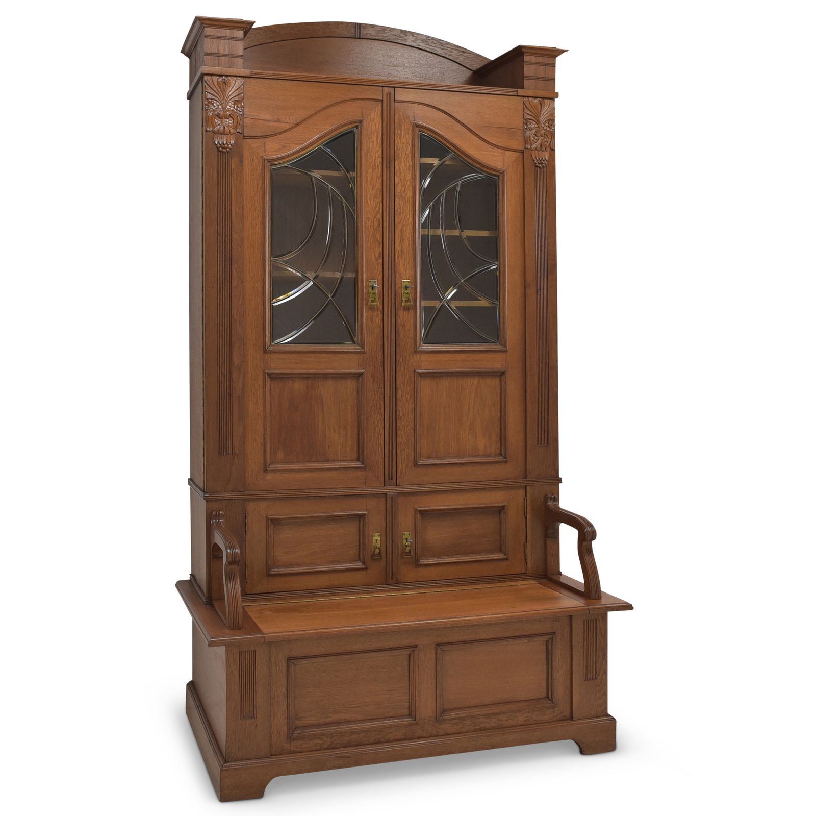 Antique! Restored Art Nouveau Oak Bookcase With Storage Bench. Library Cabinet