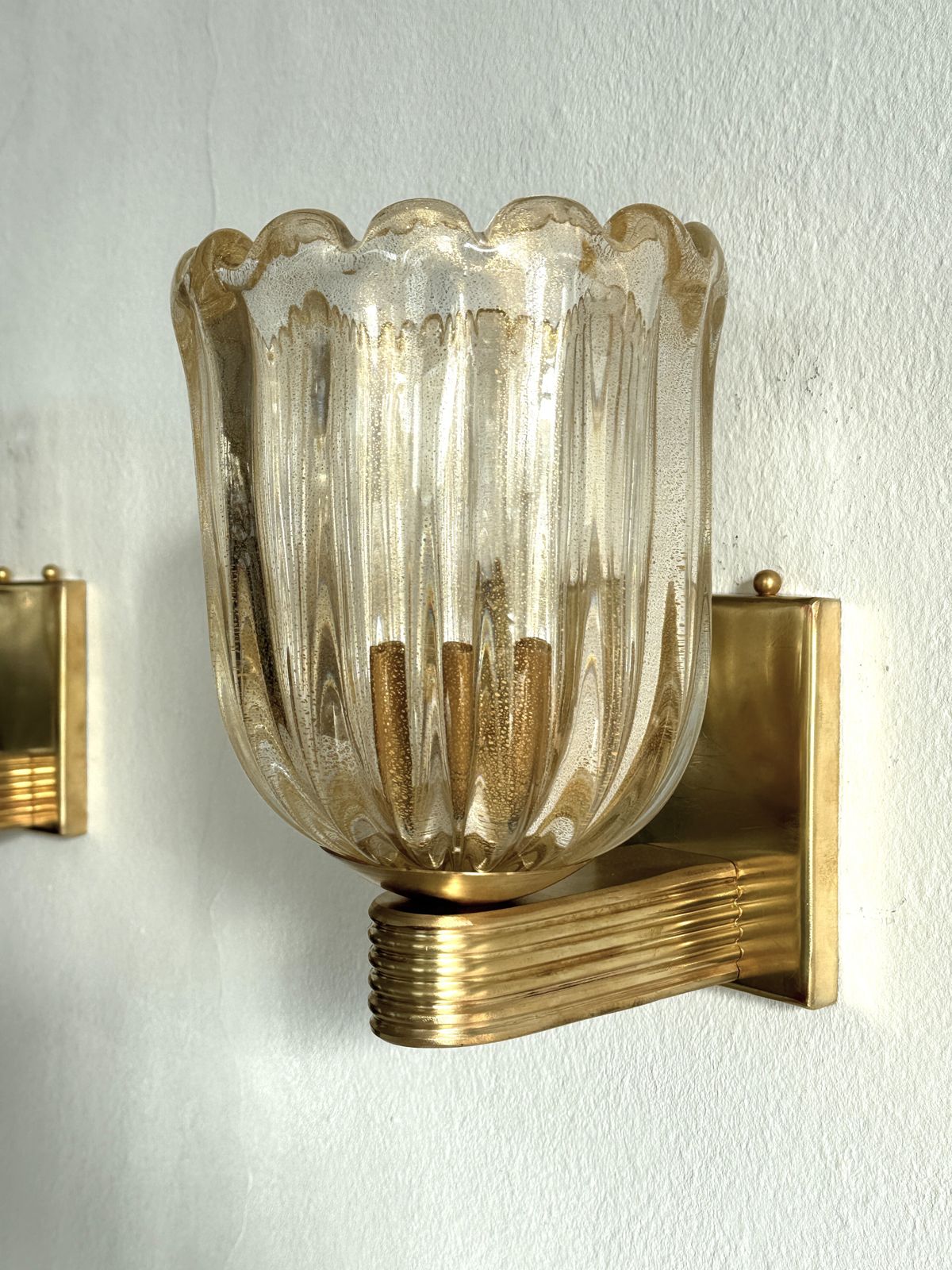 Italian Murano Crystal Glass And Brass Wall Sconces In The Art Deco Style photo vinterior
