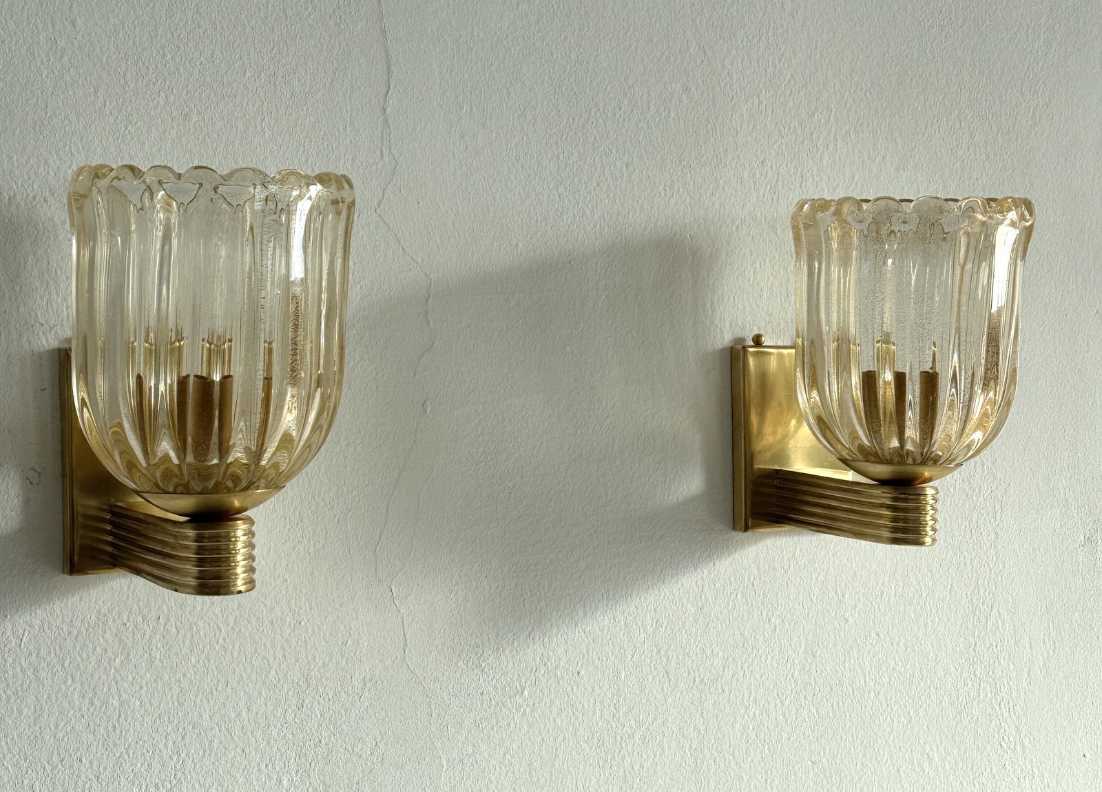 Italian Murano Crystal Glass And Brass Wall Sconces In The Art Deco Style photo vintage