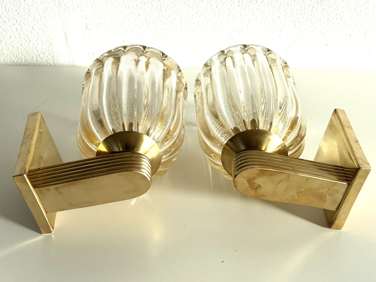 Lighting Italian Murano Crystal Glass And Brass Wall Sconces In The Art Deco Style photo