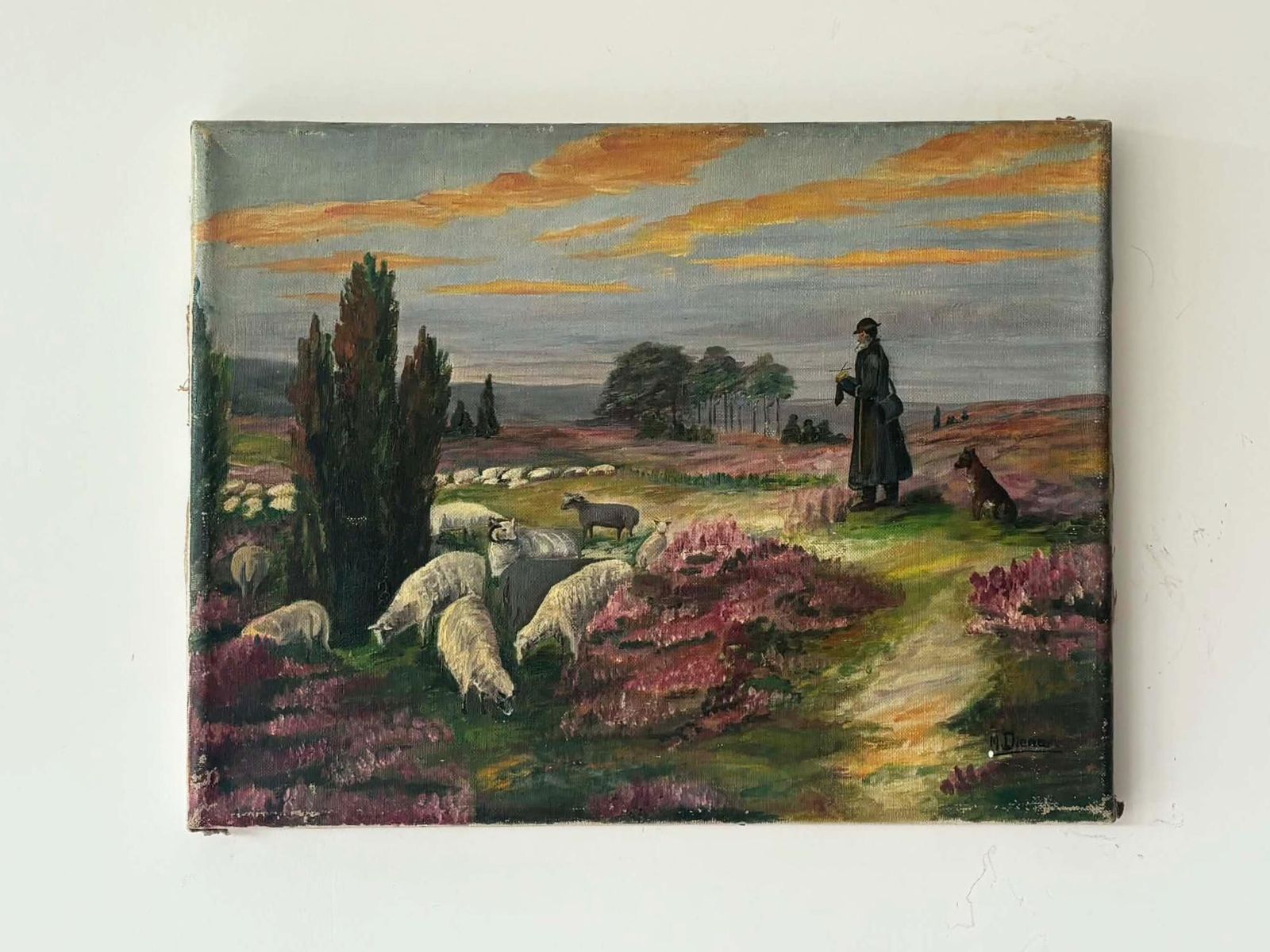 Original Oil Painting Shepherd Scene, Impressionist Landscape, Signed Dutch Antique Farm Art
