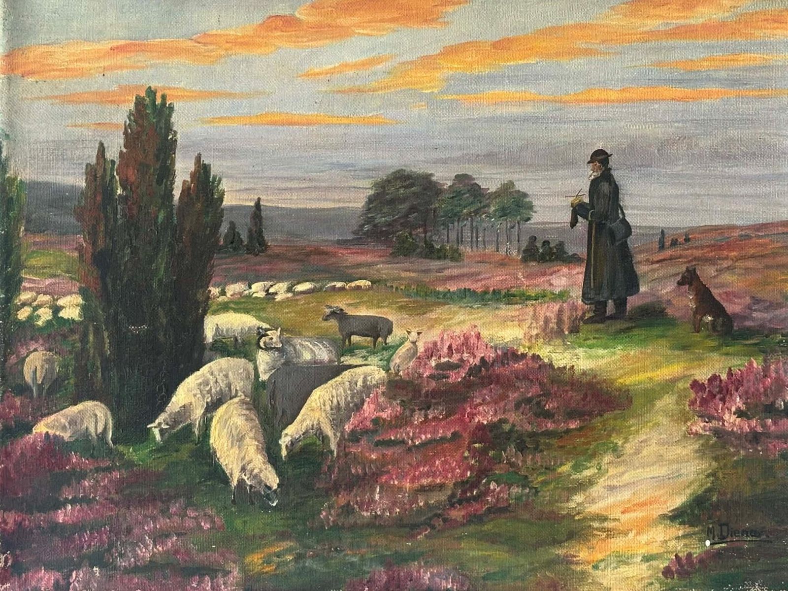 Original Oil Painting Shepherd Scene, Impressionist Landscape, Signed Dutch Antique Farm Art photo for sale