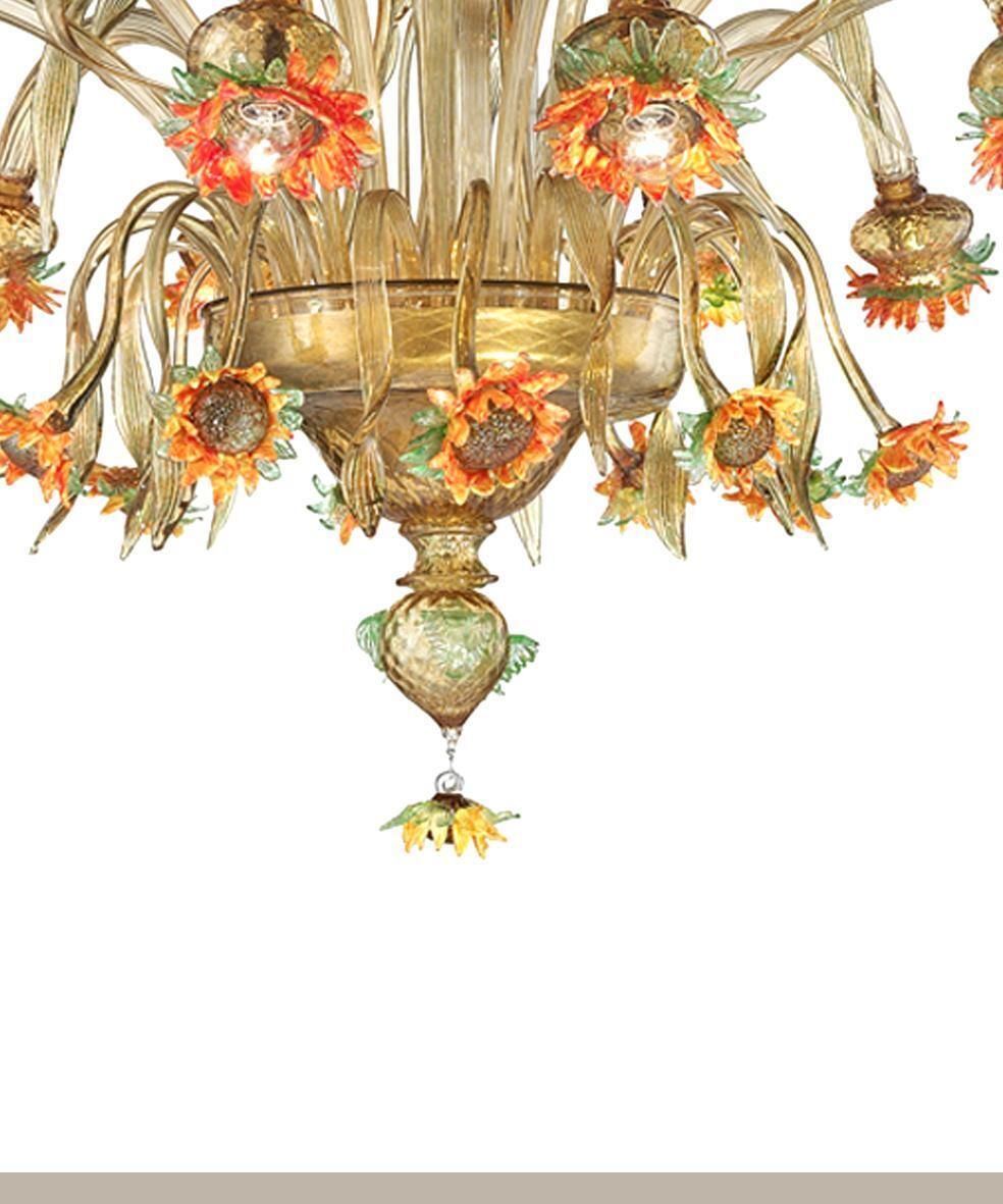 Venetian Scenographic "Sunflowers" Amber And Green Murano Glass Chandelier photo for sale