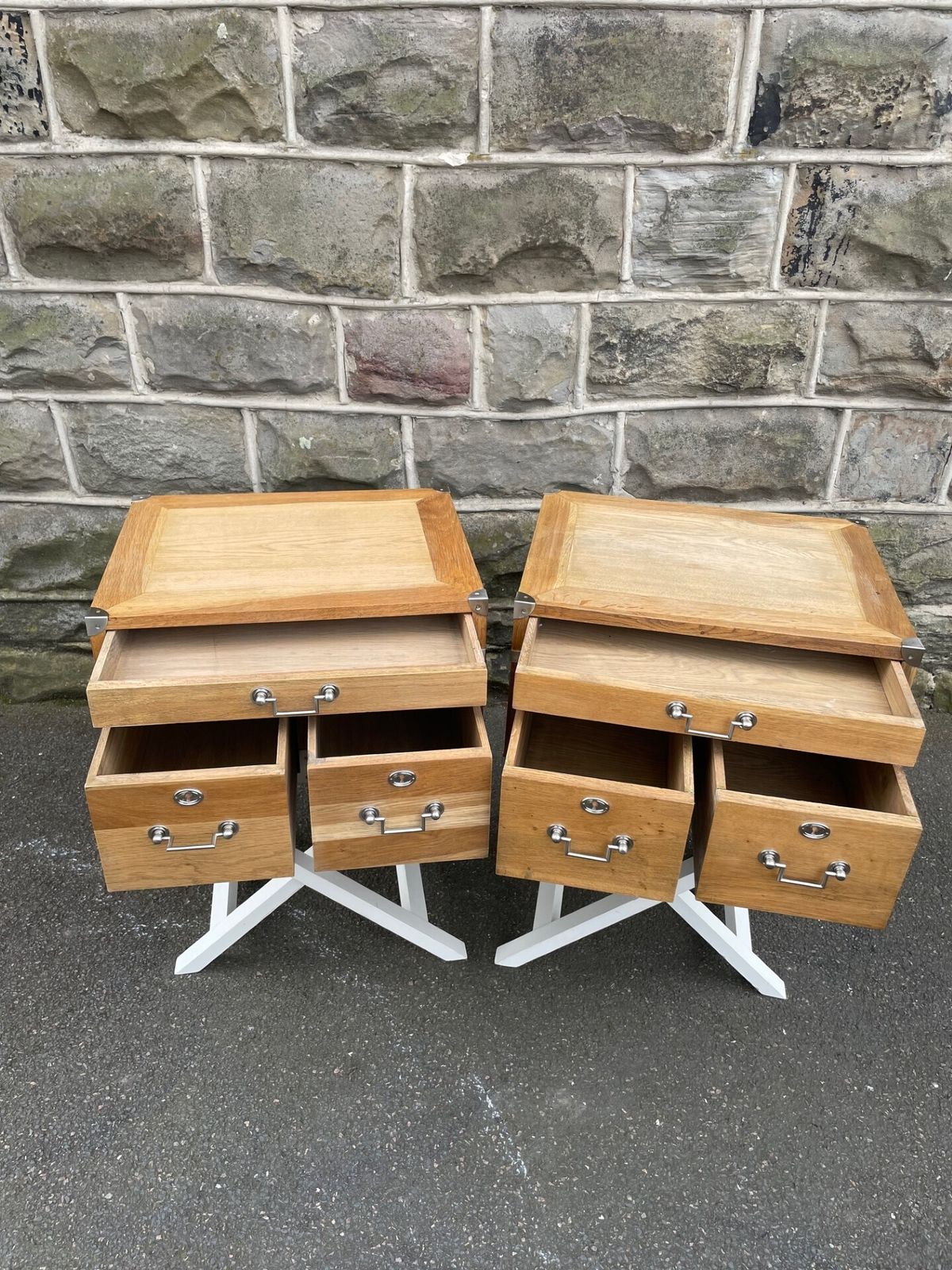 Pair Oak Military Style Bedside Tables photo vinterior