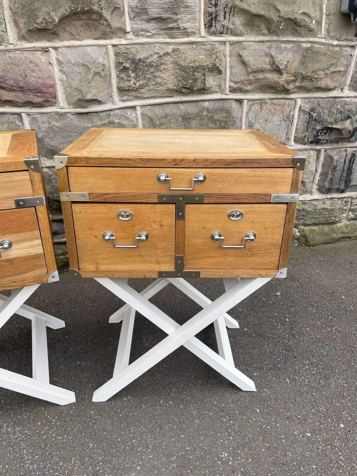 photo for sale Pair Oak Military Style Bedside Tables