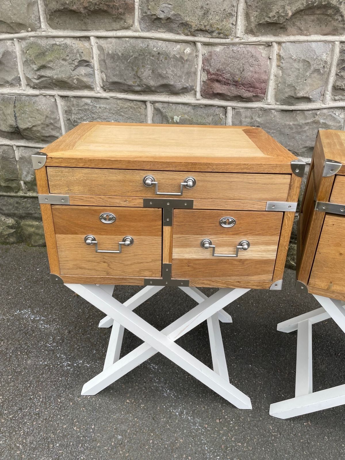 Furniture Pair Oak Military Style Bedside Tables photo