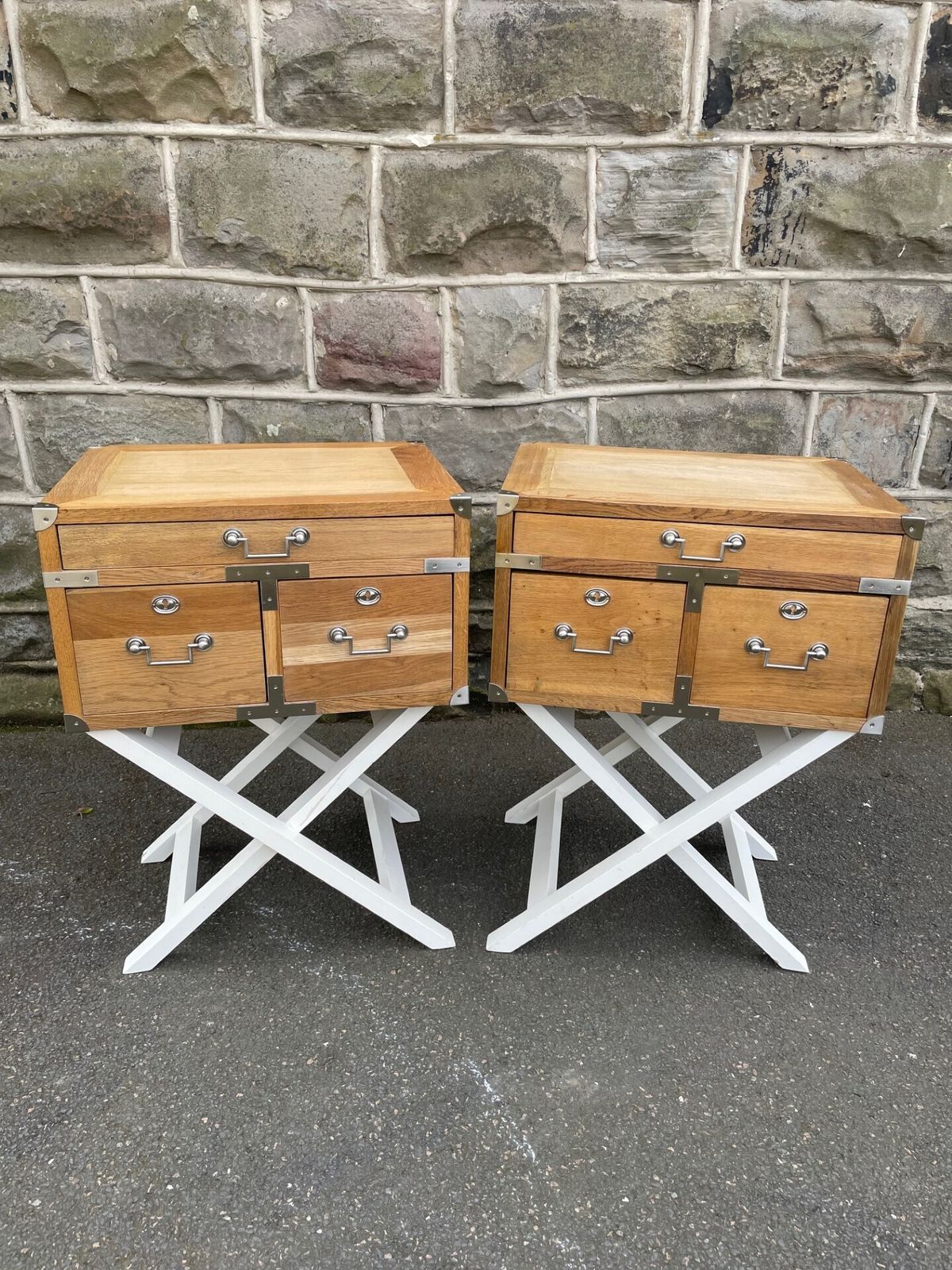Pair Oak Military Style Bedside Tables
