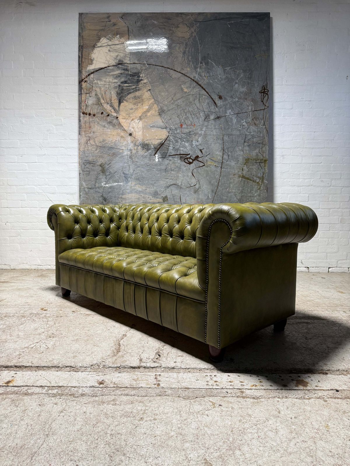 Fully Restored Late 20thc Leather Chesterfield 3 Piece Suite In Hand Dyed Olive Green photo 7999.0
