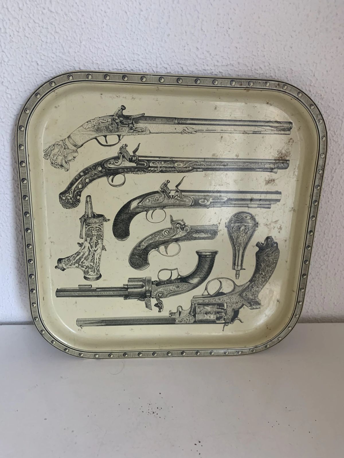 Metal Tray Guns Design Piero Fornasetti Style Vintage 1960   33 X 33 Cm photo furniture