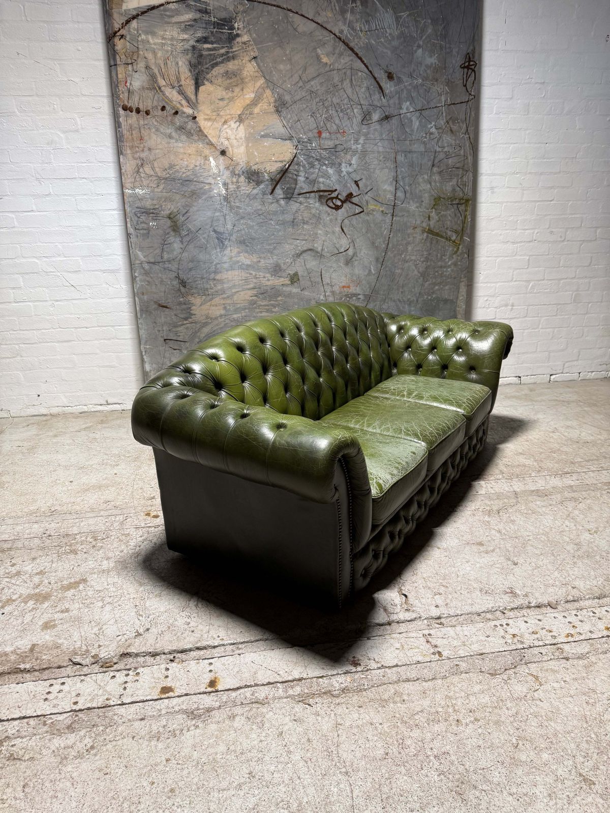 1 Of Matching Pair Of Lovely Second Hand Green Leather Chesterfield Sofa’s photo for sale