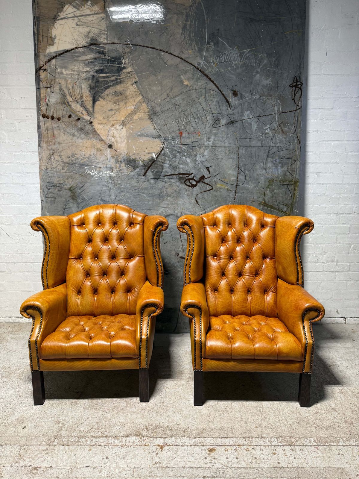 Fully Restored Late 20thc Chesterfield 3 Piece Suite In Hand Dyed Honey Tan Leather photo buy