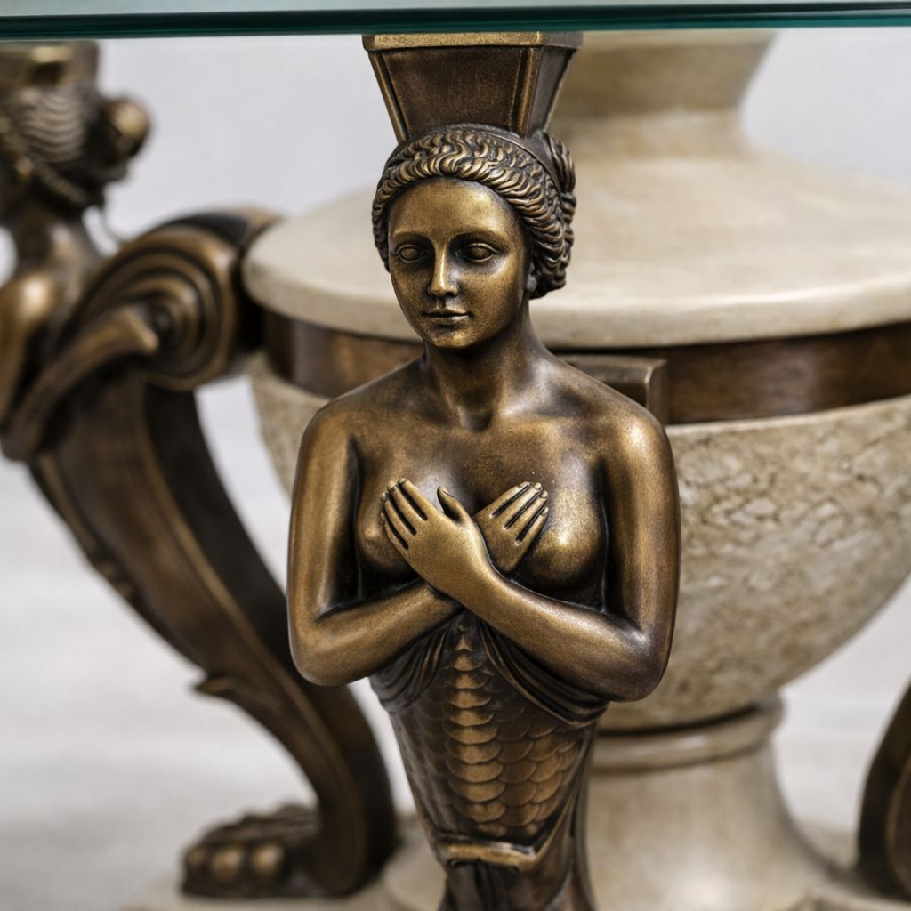 Hollywood Regency Glass Top Table Set – Sculptural Mermaid Base (Set Of 3) photo furniture