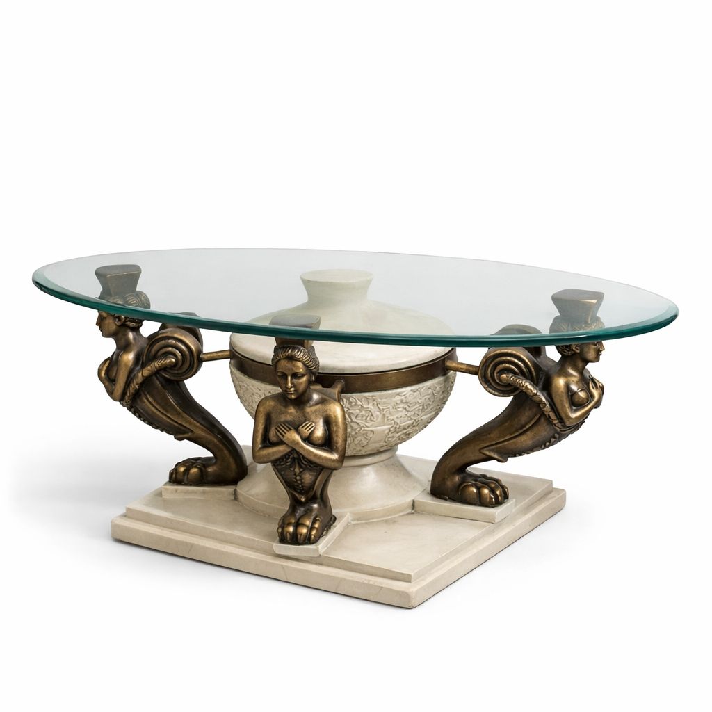 Hollywood Regency Glass Top Table Set – Sculptural Mermaid Base (Set Of 3) photo for sale