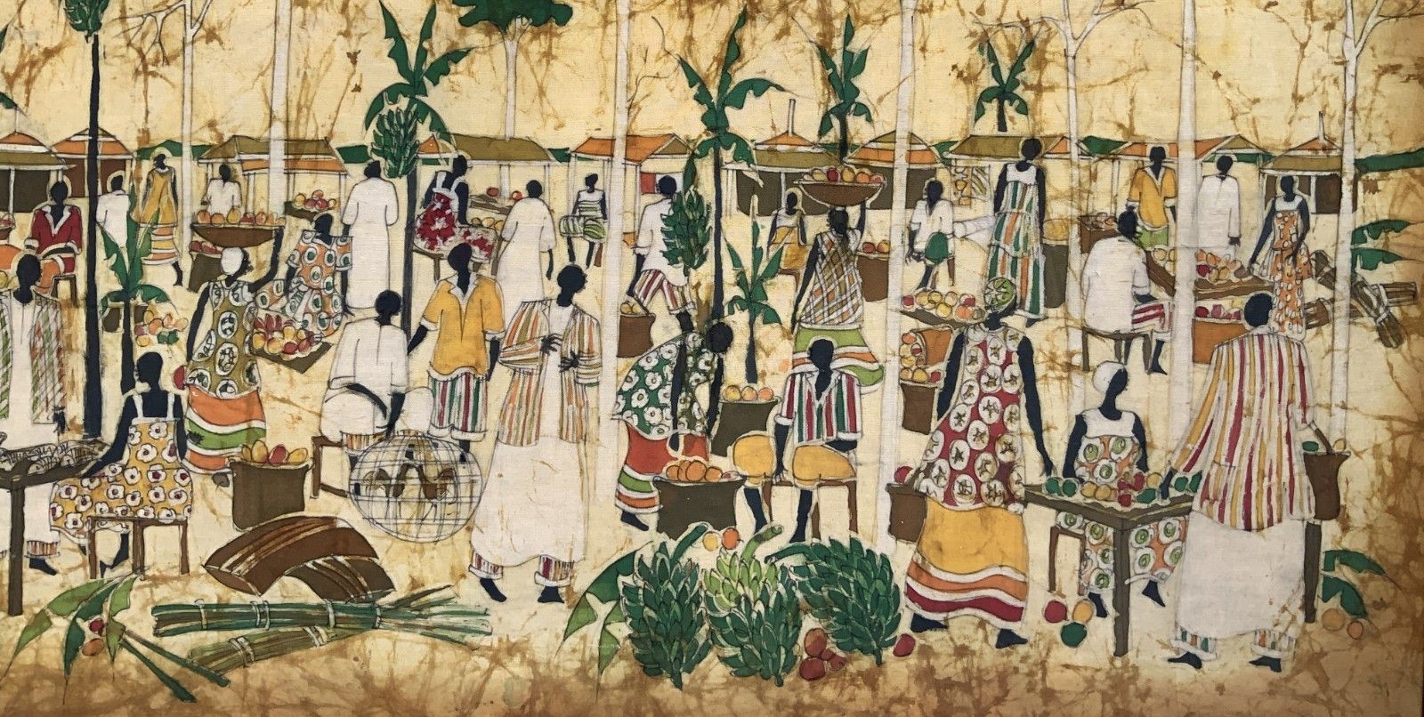 Huge Magnificent African Market Day Batik Fine Cloth Picture Vintage 1950s photo 1450.0