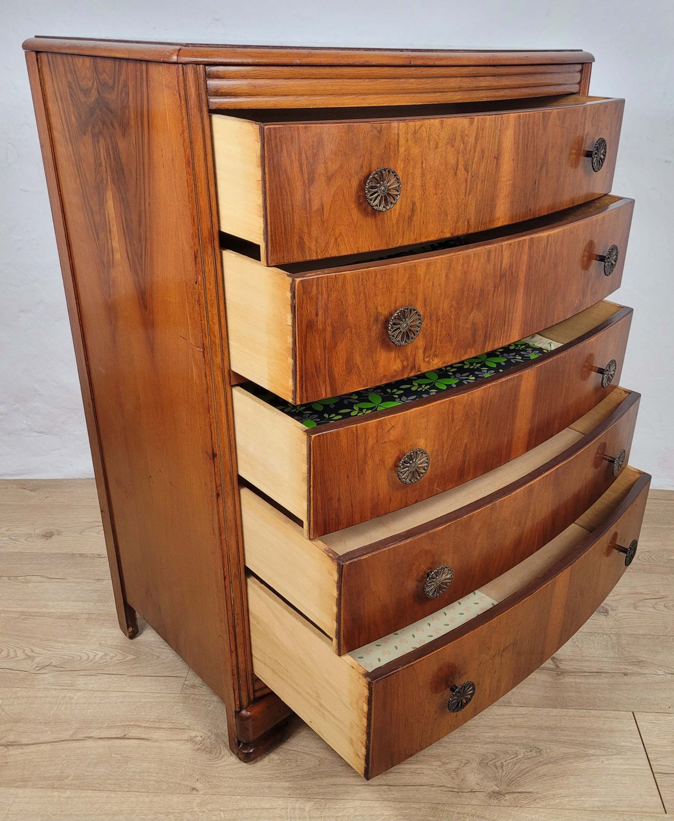 Vintage Chest Of Drawers Walnut 1960s Bow Front English photo for sale