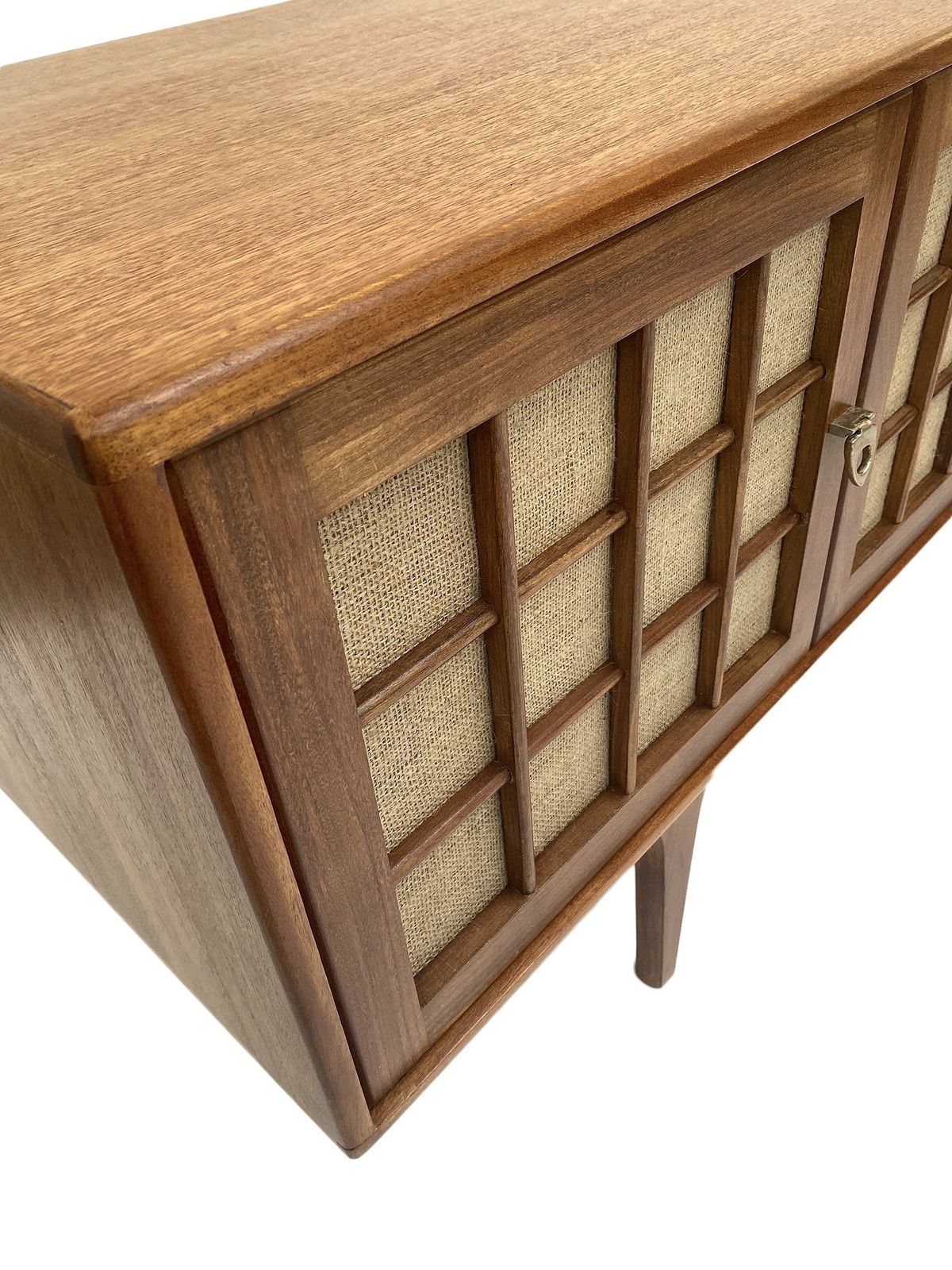 1450.0 British Younger Teak And Hessian Long Sideboard Credenza Mid Century 1960s photo