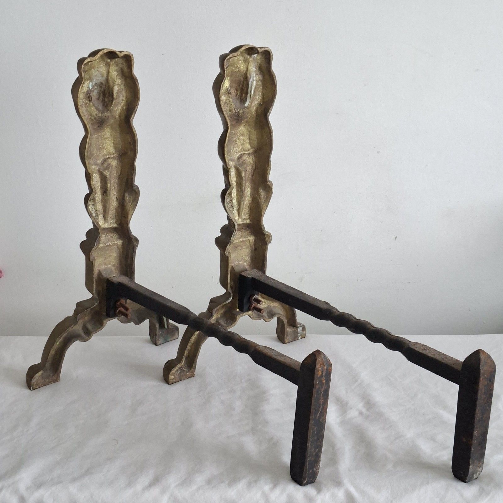 Pair Of Large Victorian Brass Fire Dogs Andirons Lion Antique Fireplace Decor photo vintage