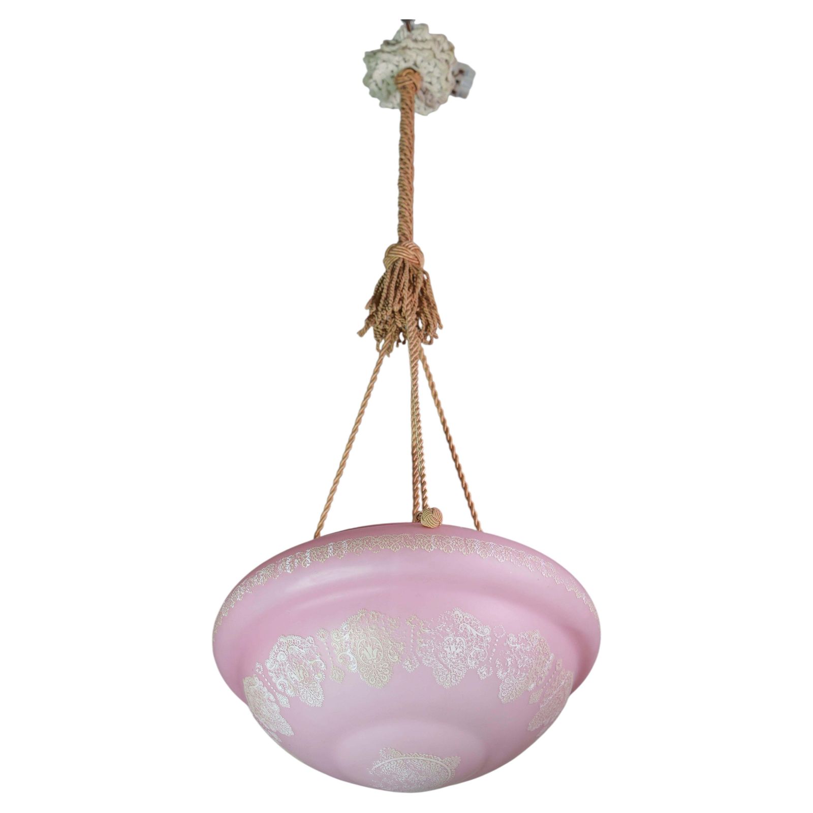 Italian Midcentury Pink Art Decò Vintage Glass Chandelier With Decorations, 1950