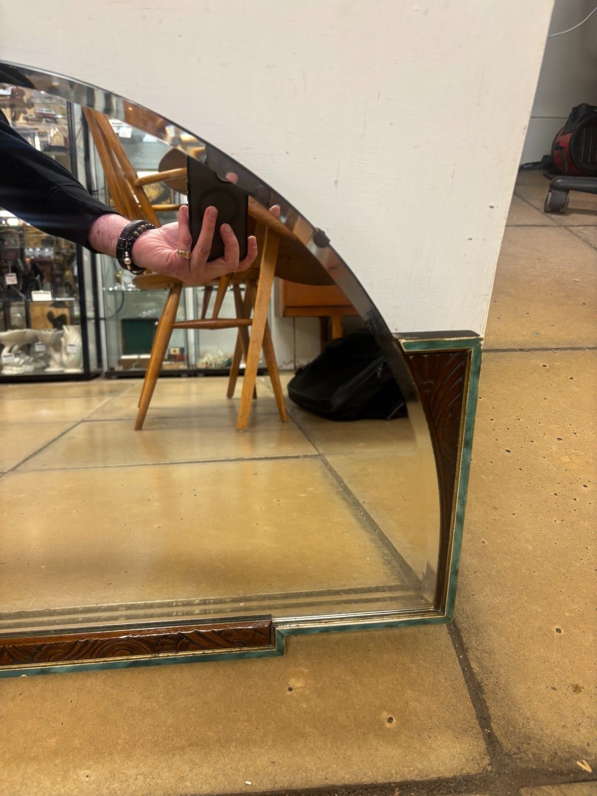 Art Deco Half Moon Wall Mirror With Wooden Sides As Found photo 65.0