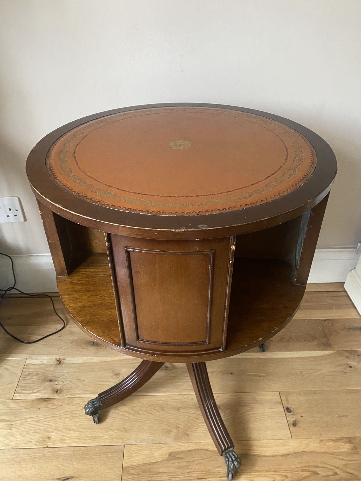 George II English Regency Style Antique Mahogany  & Leather Drum Revolving Table  Bookcase