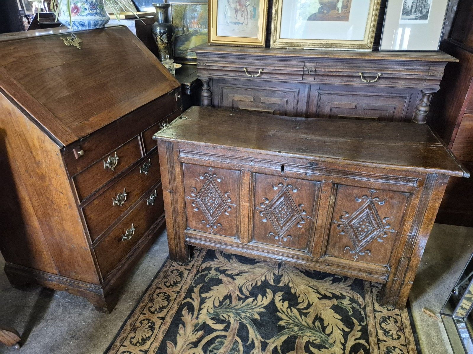 A Super & Generous 18th Century Three Plank Coffer Penny Hinge Top Carved Panels photo 395.0