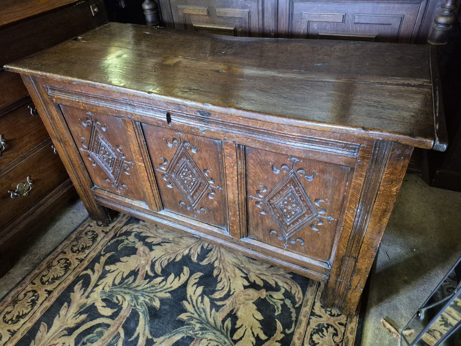 A Super & Generous 18th Century Three Plank Coffer Penny Hinge Top Carved Panels photo buy