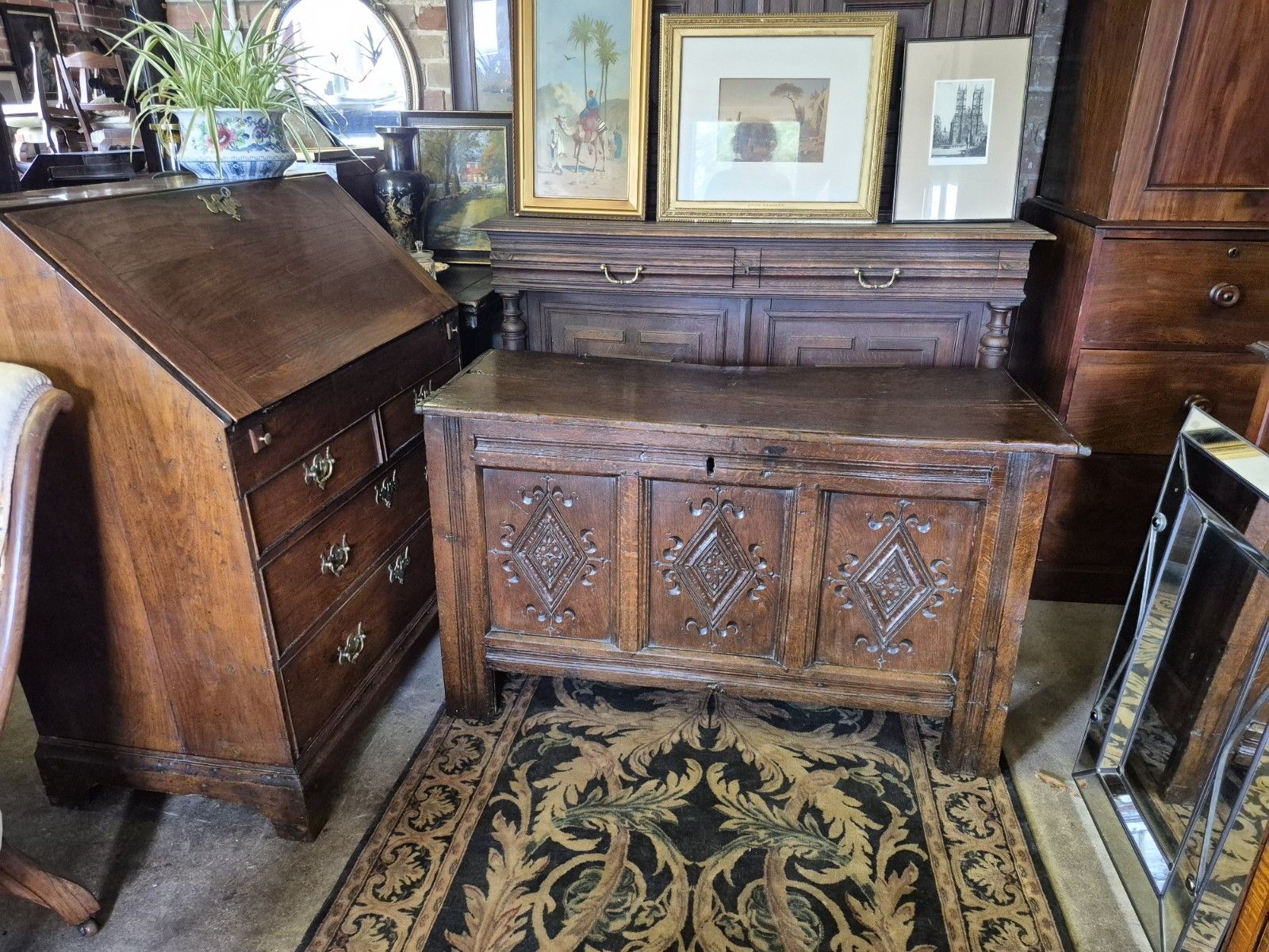 A Super & Generous 18th Century Three Plank Coffer Penny Hinge Top Carved Panels photo vintage