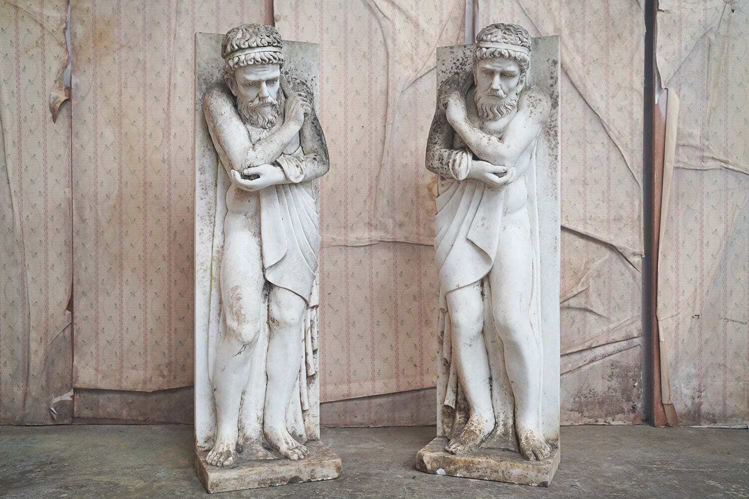 A Pair Of Early/Mid 20thc Italian Carved White Carrera Marble Atlantes Jambs C.1920 40 photo Garden Decor