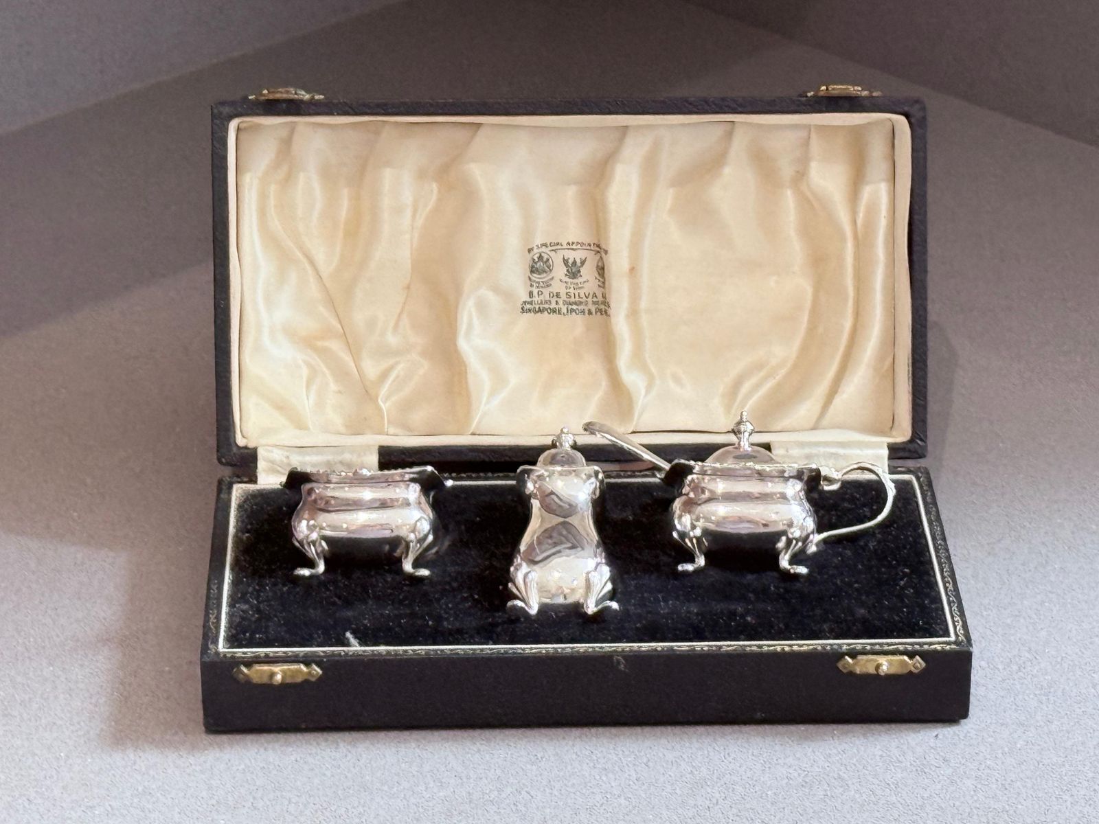 Sterling Silver Condiment Set In Case Blue Glass Salt, Mustard & Pepper Shaker photo furniture