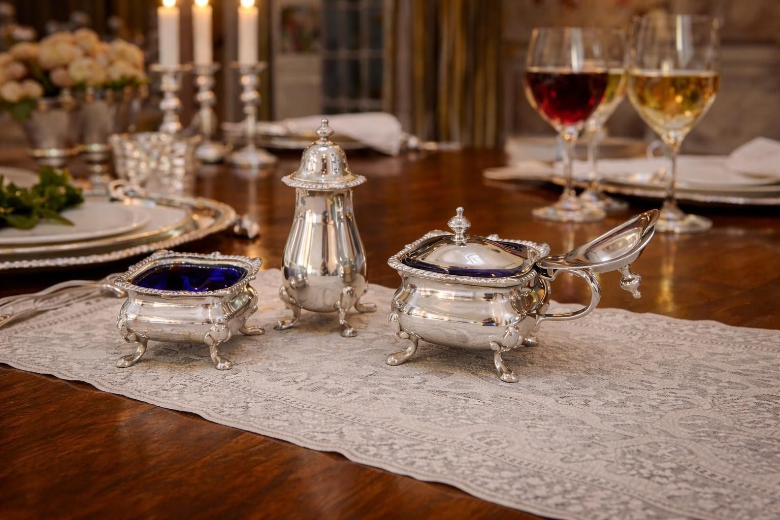 Sterling Silver Condiment Set In Case Blue Glass Salt, Mustard & Pepper Shaker photo for sale