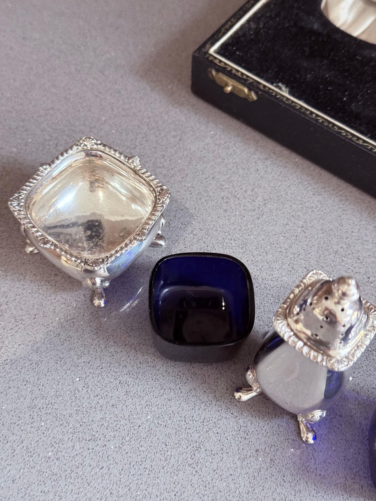 photo buy Sterling Silver Condiment Set In Case Blue Glass Salt, Mustard & Pepper Shaker