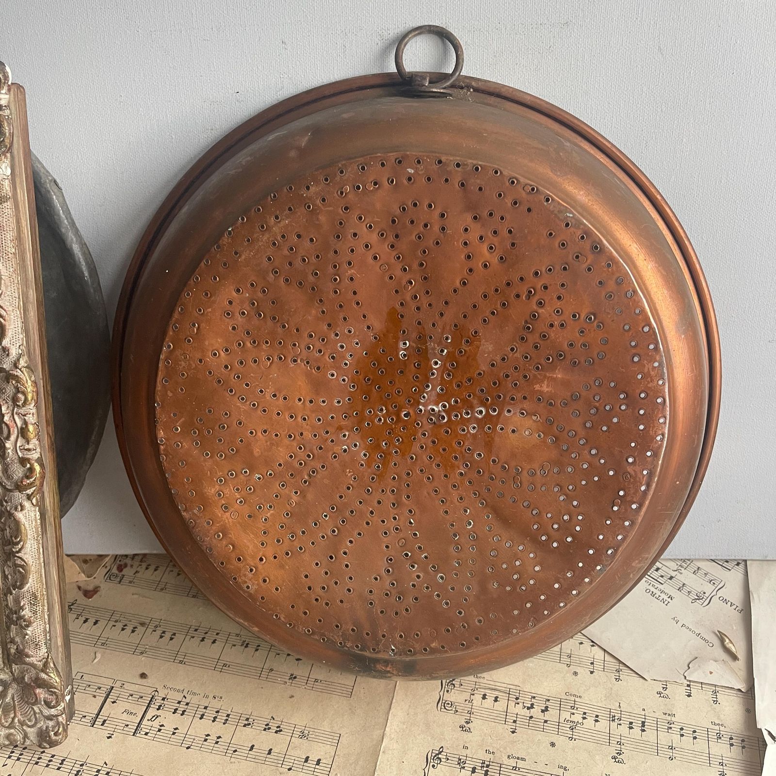 Antique French Copper Sieve   Wall Hanging Colander   Farmhouse Country Kitchen Decor