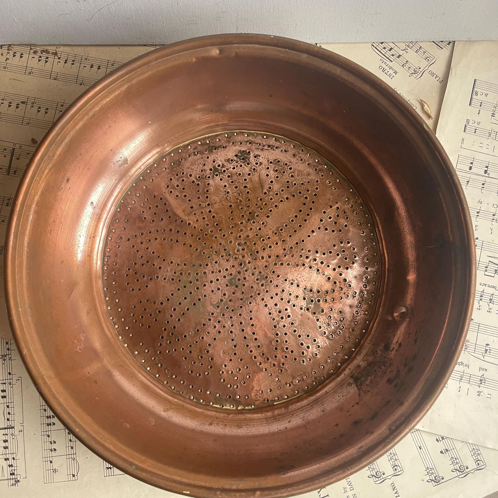 Antique French Copper Sieve   Wall Hanging Colander   Farmhouse Country Kitchen Decor photo furniture