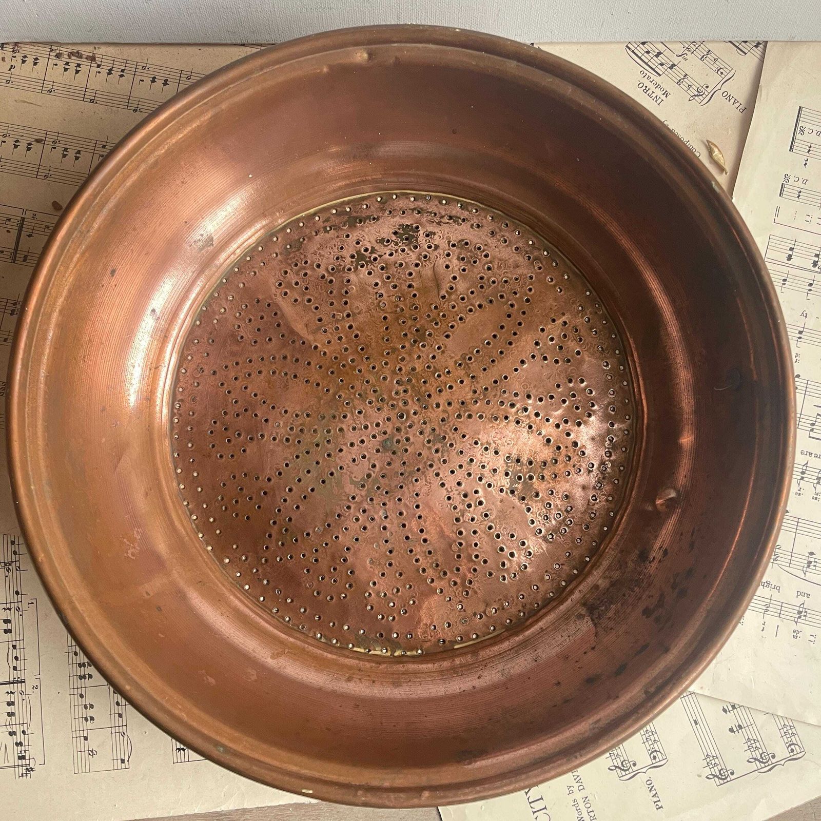 Antique French Copper Sieve   Wall Hanging Colander   Farmhouse Country Kitchen Decor photo for sale