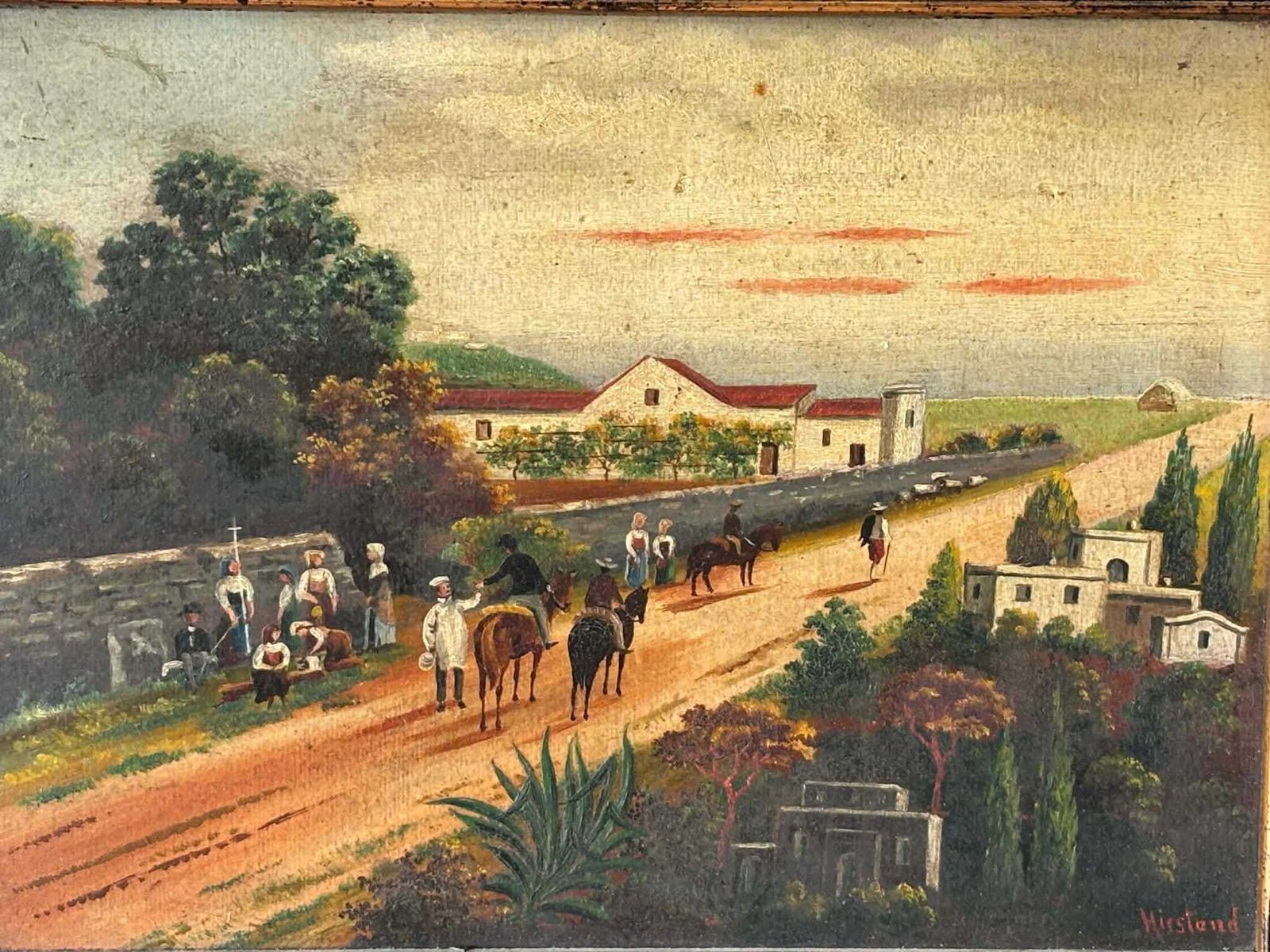 Antique Framed Oil Painting, European Countryside Scene With Horse Riders, Signed Painting photo for sale