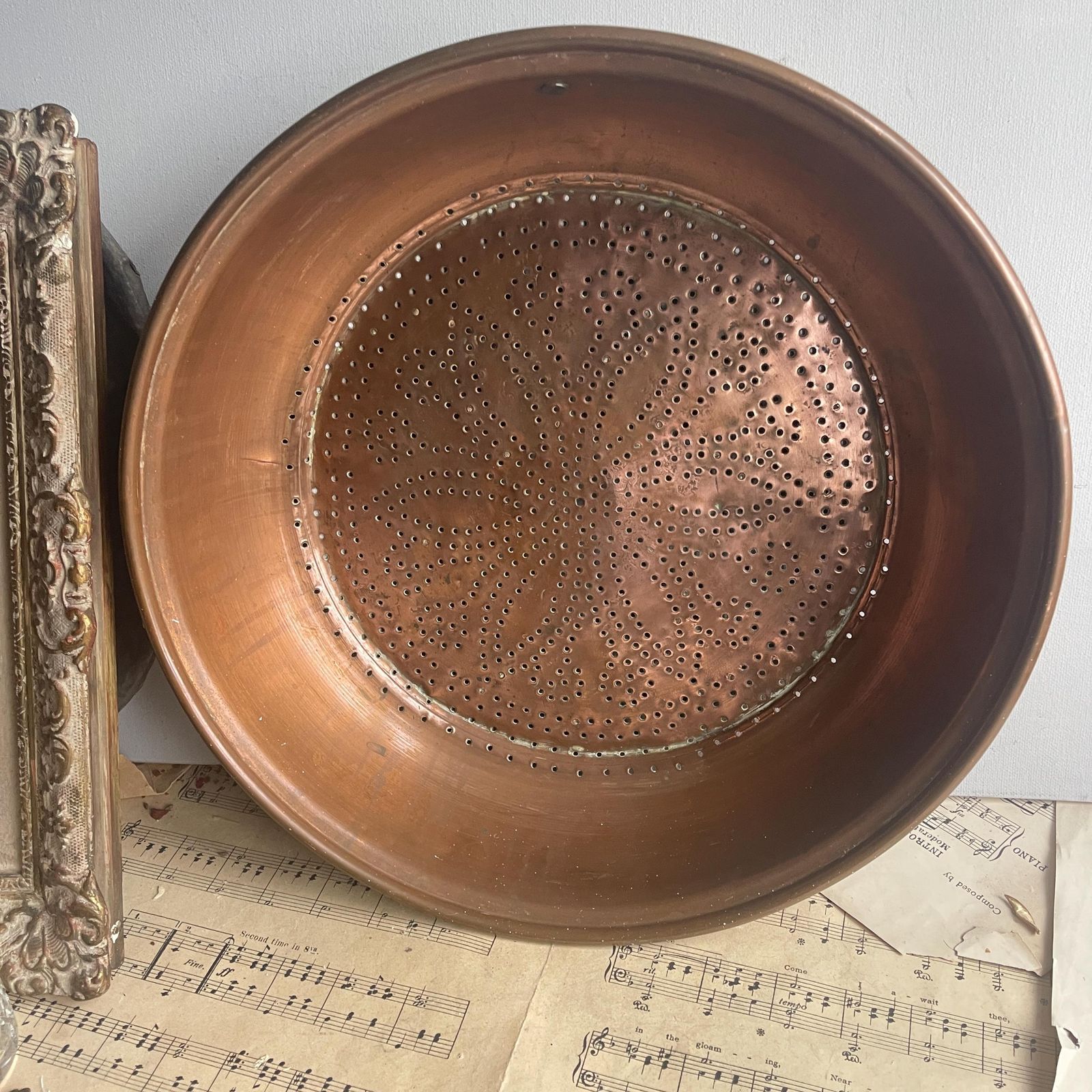 Antique French Copper Sieve   Wall Hanging Colander   Farmhouse Country Kitchen Decor photo Home Decor