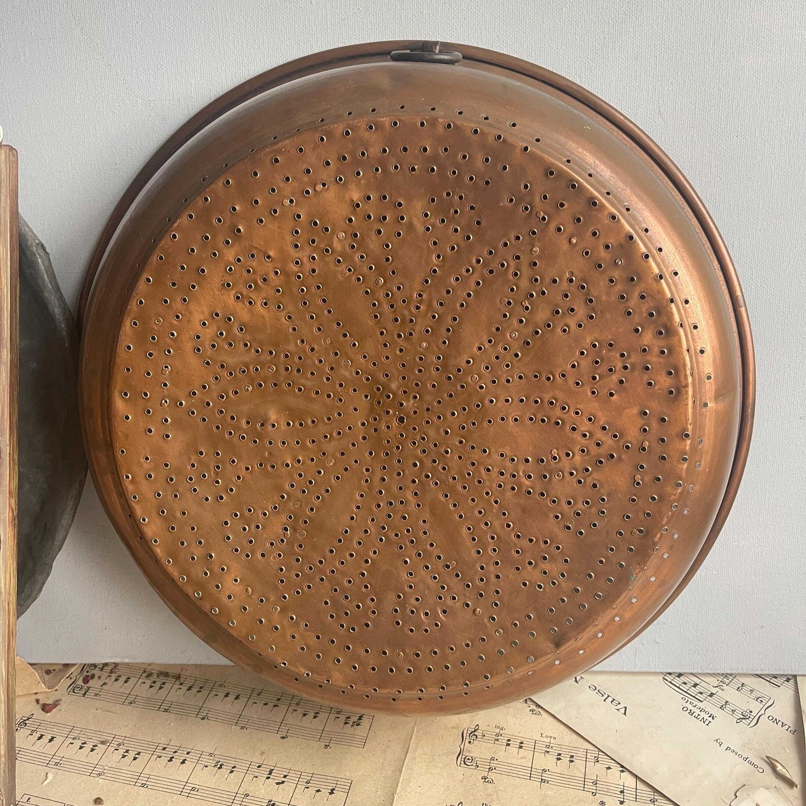Antique French Copper Sieve   Wall Hanging Colander   Farmhouse Country Kitchen Decor photo 78.0