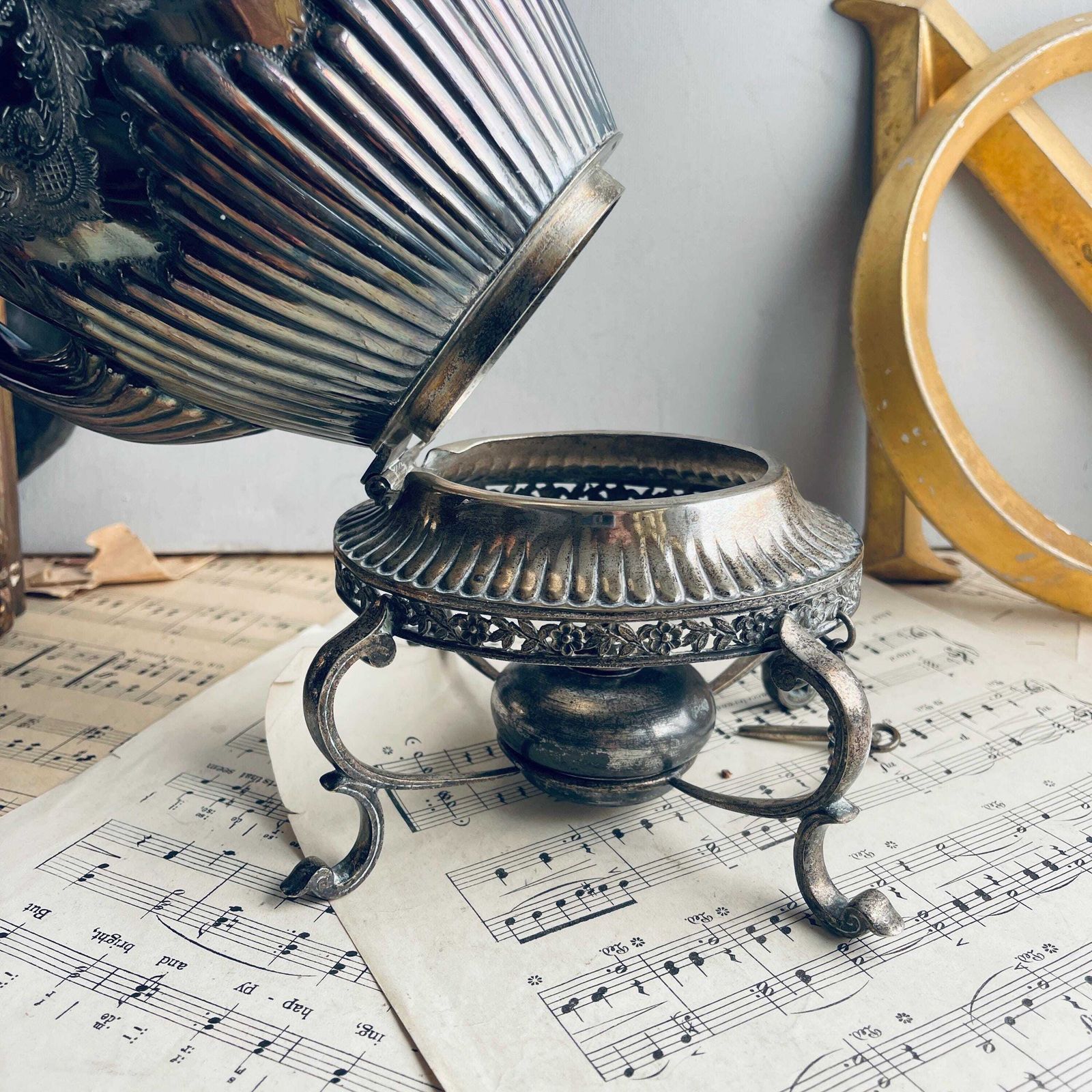 Antique Silver Plated Spirit Kettle On Stand. Victorian. Israel Sigmund Greenberg. Photo Props. Downton Abbey. Afternoon Tea Party photo vinterior