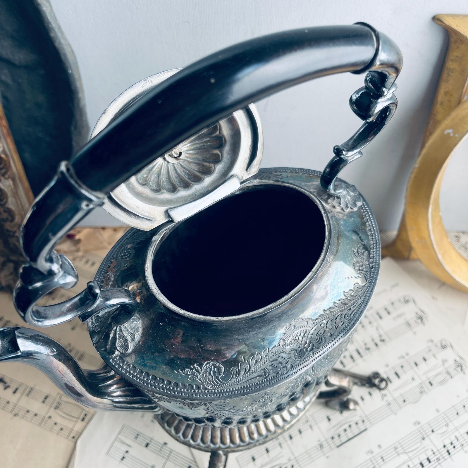 Antique Silver Plated Spirit Kettle On Stand. Victorian. Israel Sigmund Greenberg. Photo Props. Downton Abbey. Afternoon Tea Party photo buy