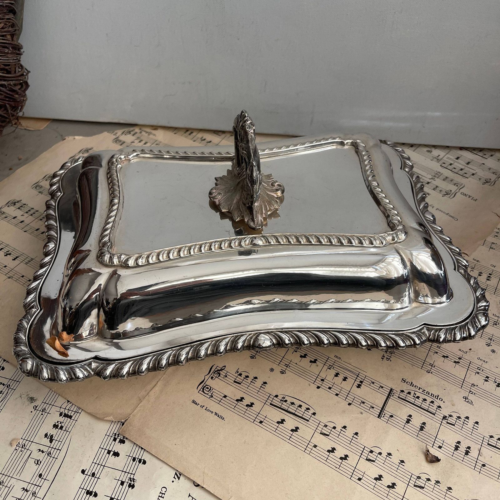 Antique Silver Plated Lidded Tureen. Atkin Brothers. Shabby Chic. Entree Dish. Rectangular Serving Platter. Food Photo Prop