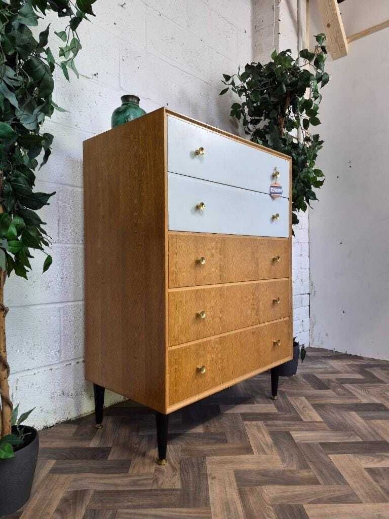 Vintage Mid Century Meredew Oak & White Chest Of 5 Drawers Tallboy Retro Scandi photo furniture