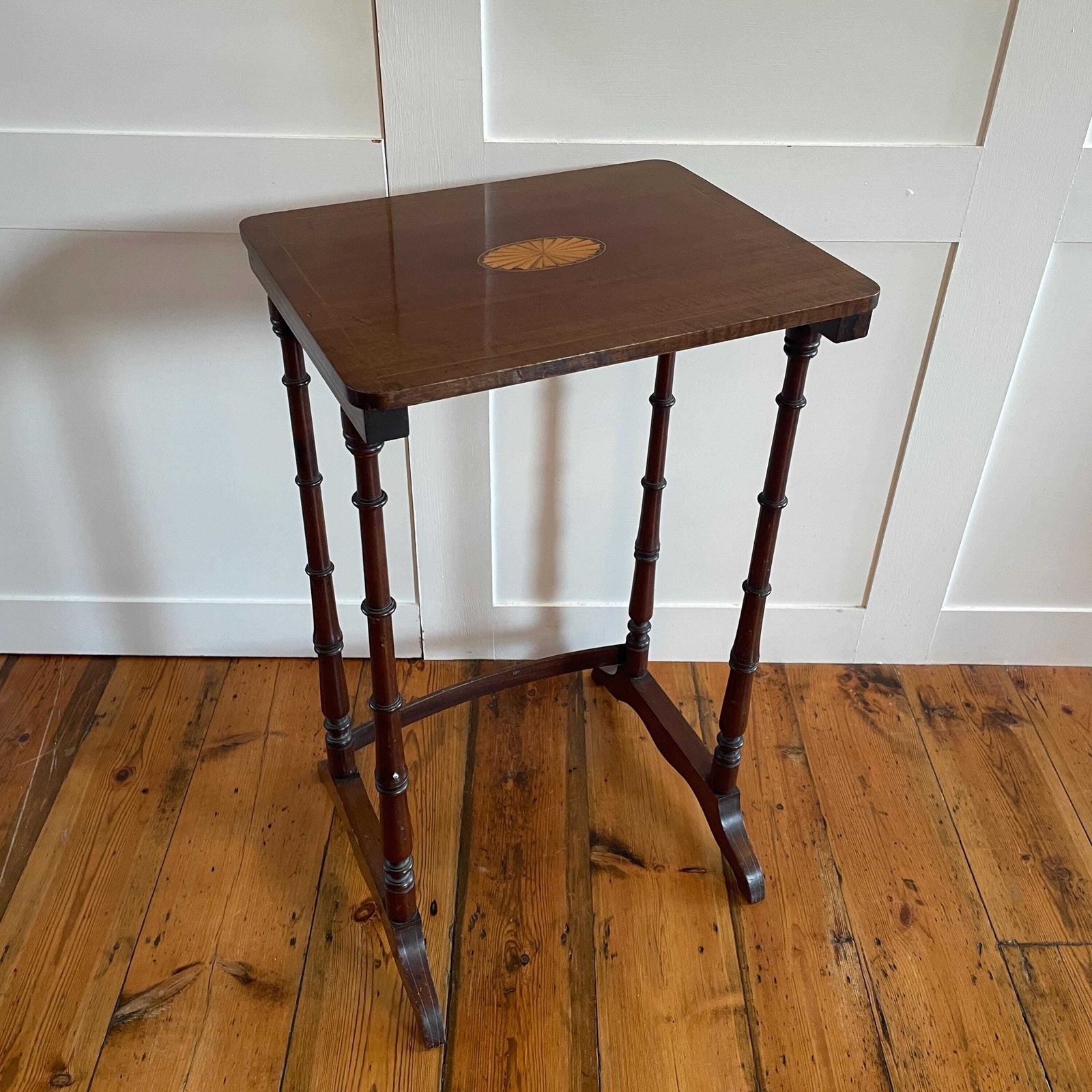 Edwardian Wood Side Table Inlay Top Turned Leg Plant Stand End Table Early Mid 20th Century Sheraton Revival