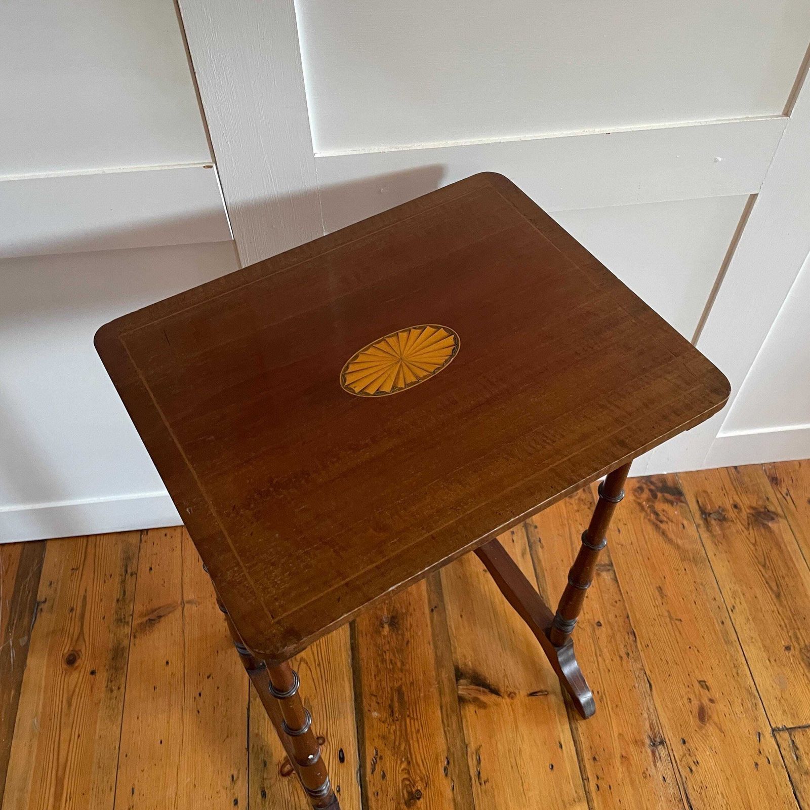 Edwardian Wood Side Table Inlay Top Turned Leg Plant Stand End Table Early Mid 20th Century Sheraton Revival photo furniture