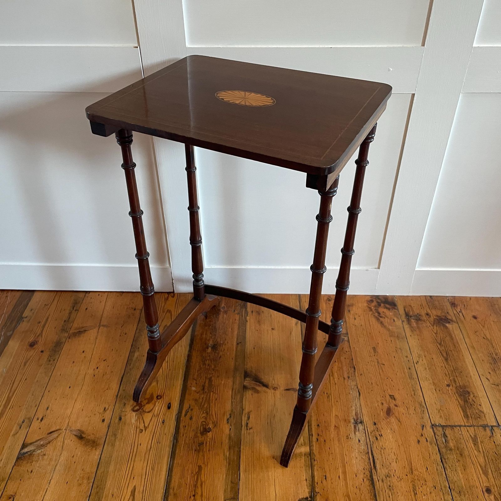 Edwardian Wood Side Table Inlay Top Turned Leg Plant Stand End Table Early Mid 20th Century Sheraton Revival photo buy