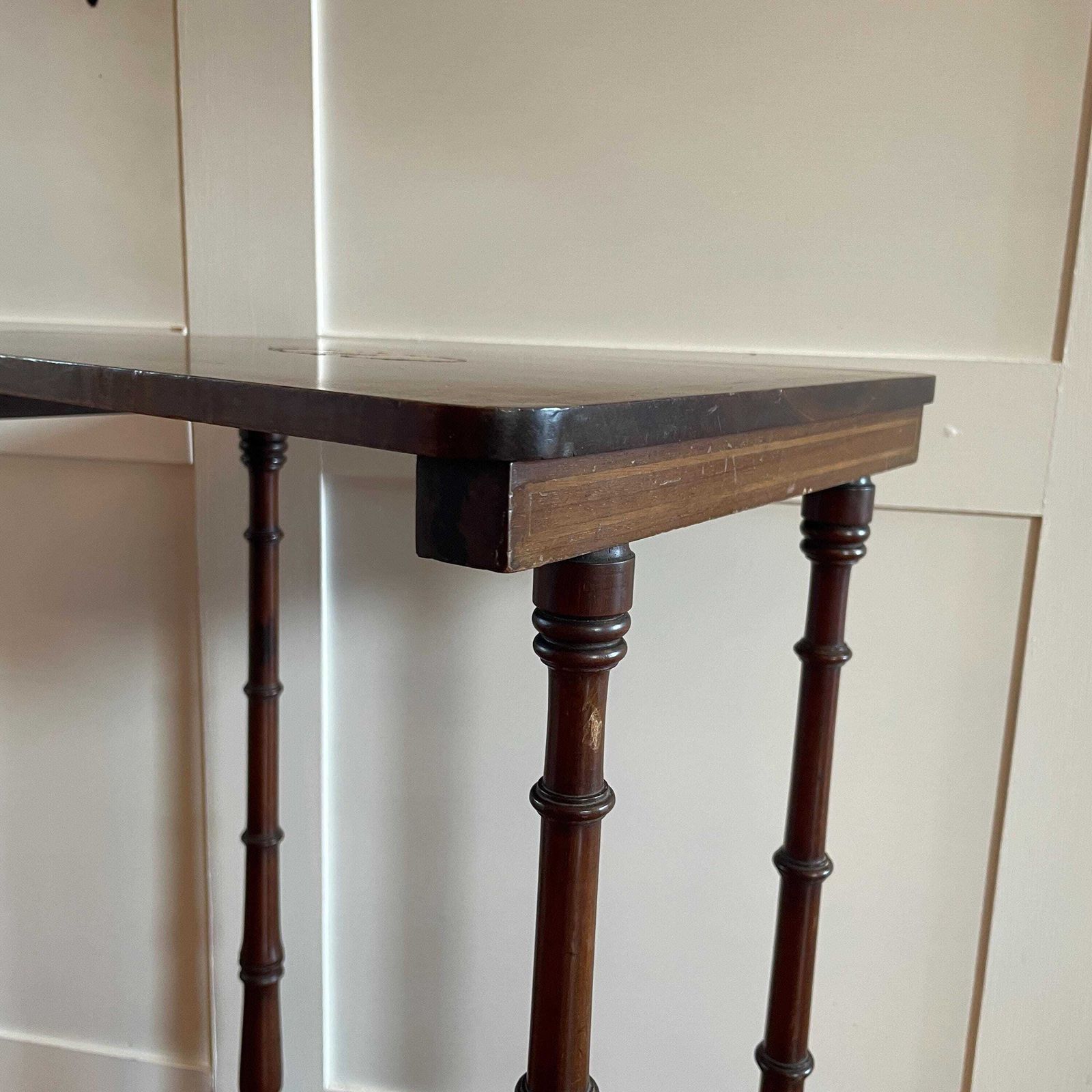 photo furniture Edwardian Wood Side Table Inlay Top Turned Leg Plant Stand End Table Early Mid 20th Century Sheraton Revival