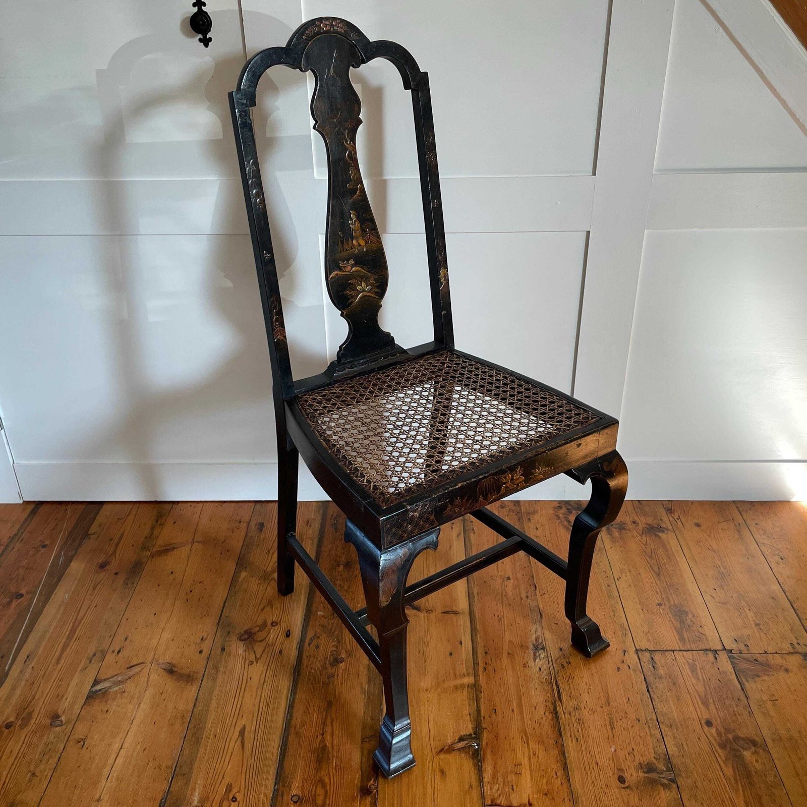 Oriental Wood Accent Chair Hand Painted Caned Seat Black Lacquer Chinoiserie Antique Early 20th Century Rattan Seat Decorative Accent