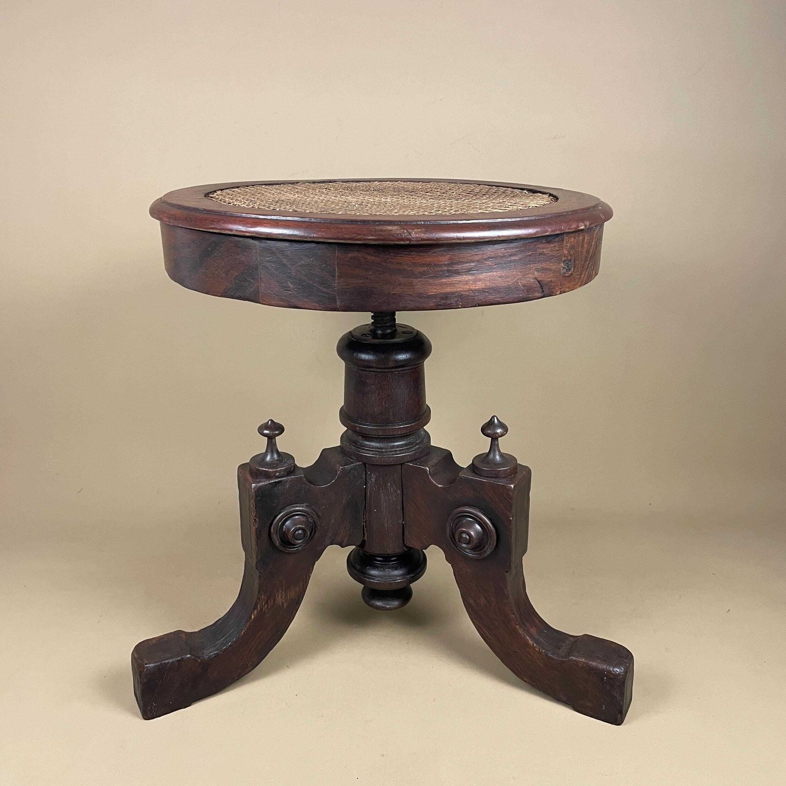 Antique Piano Stool Cane Rattan Seat Turned Wooden Legs Adjustable Round Classic Traditional Edwardian Style photo vintage