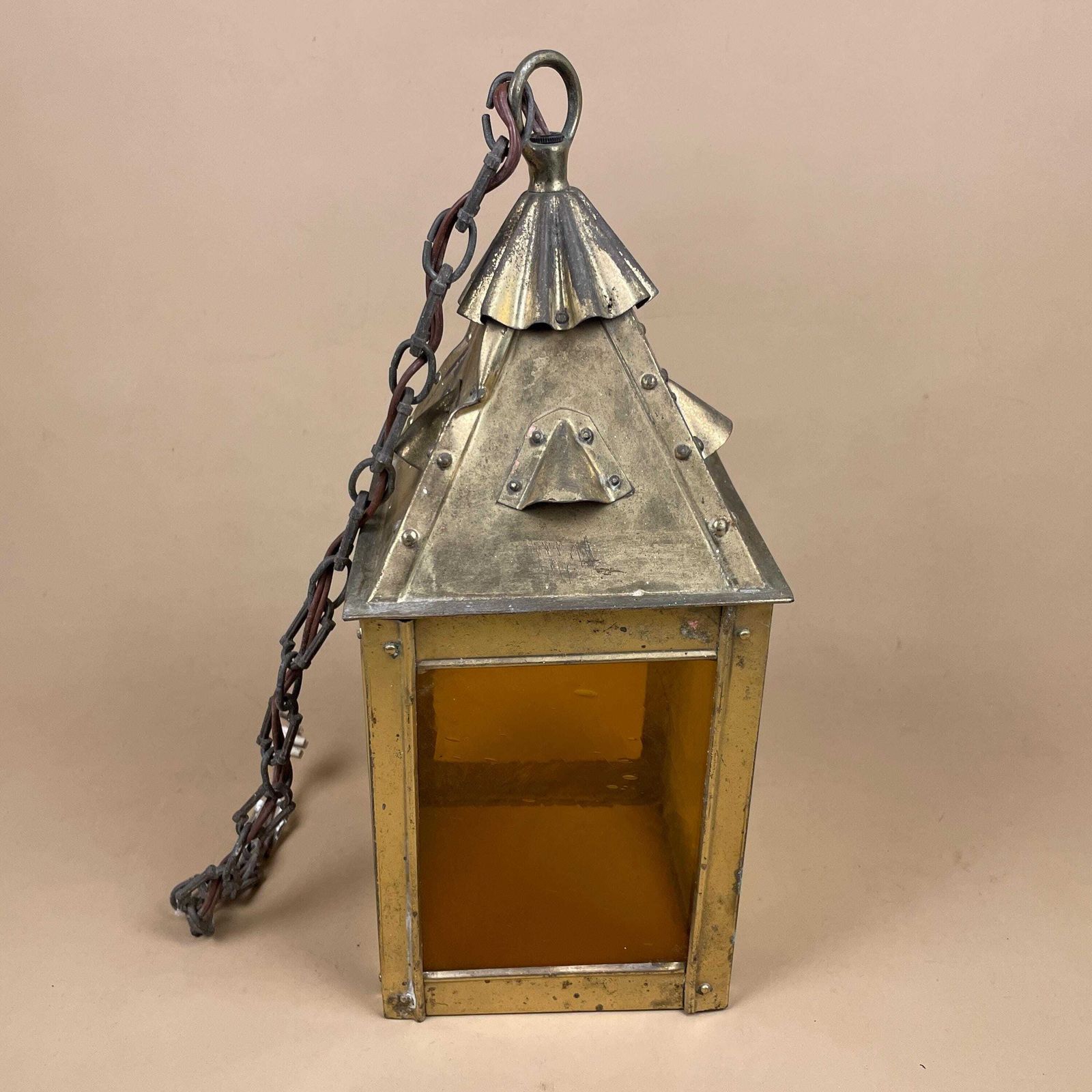 Vintage Brass Lantern Pendant Light With Amber Glass Moroccan Rustic Style Ceiling Light photo vinterior