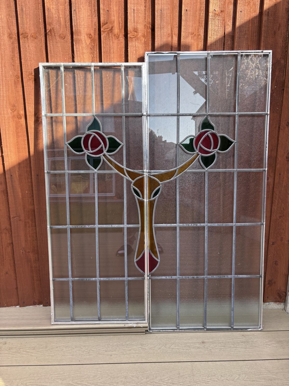 Pair Of Original 1930s Art Deco Stained Glass Window Panel – Floral Leaded Design photo vintage